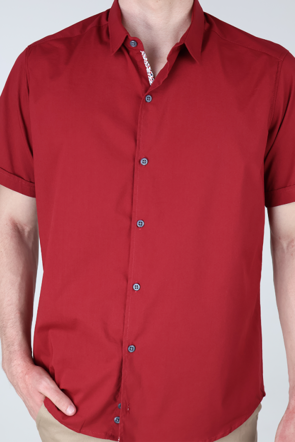 Camisa Básica Roja Slim Fit Hombre Manga Corta Lisa Casual